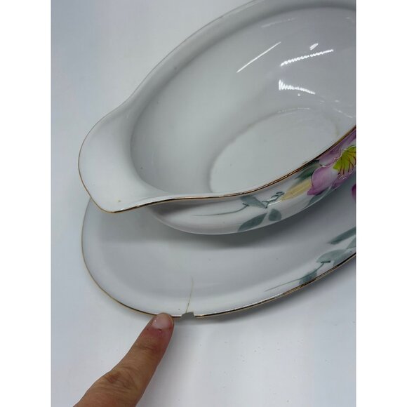 VTG Noritake Azalea Gravy Sauce Boat Attached Underplate Hand Painted Japan READ - Picture 6 of 8